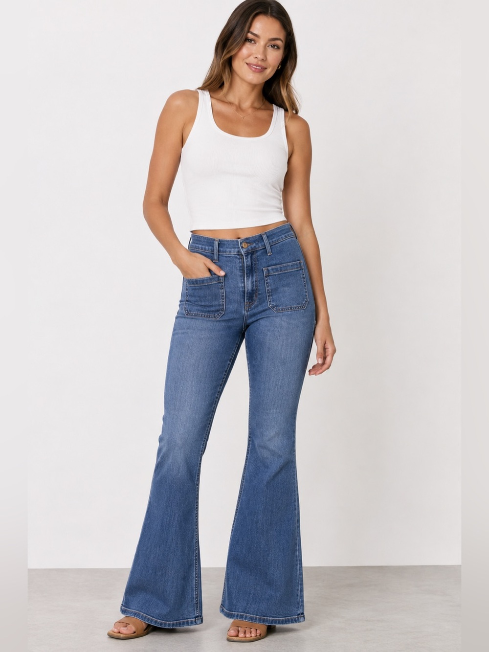 Gap 70s Flare Jeans Womens 10 30 High Rise Patch Pocket Medium Wash Retro Denim